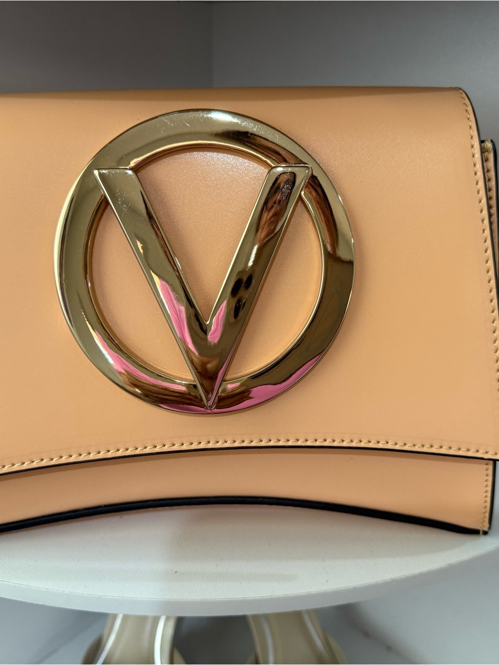 Valentino By Mario Valentino Peach Crossbody Bag with Gold V Emblem
